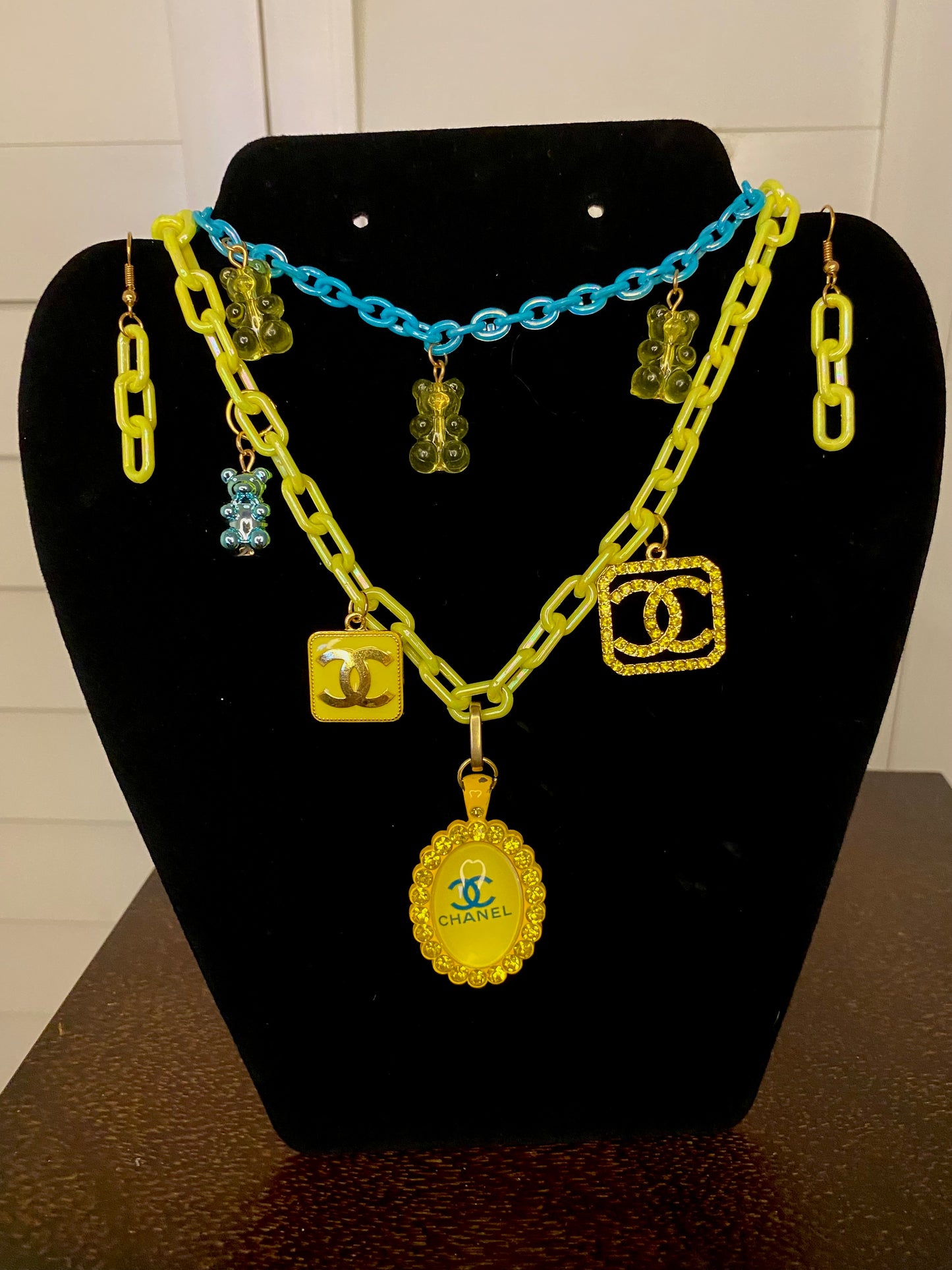 Yellow & Blue Homemade Designer Upcycled Bear Necklace