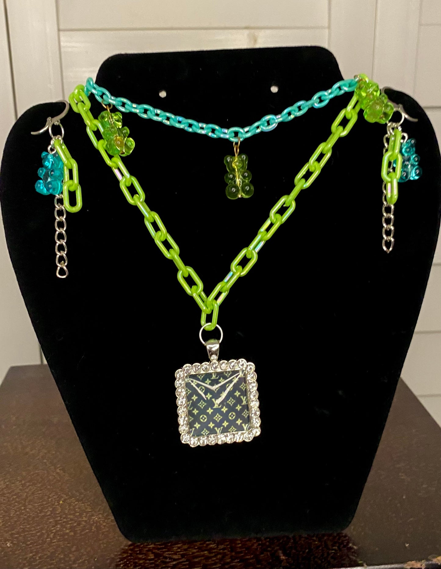 Green Handmade Designer Upcycled Necklace & Earrings