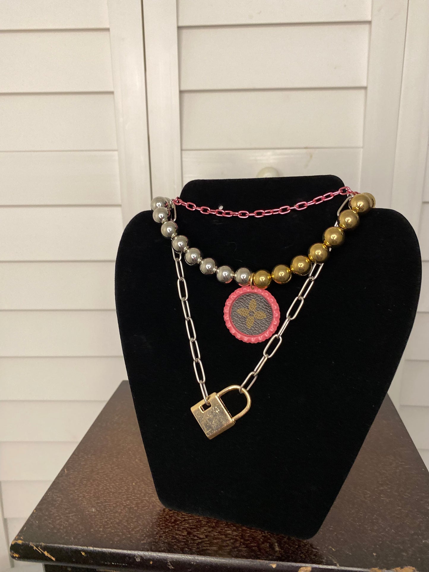 Gold Silver & Pink Homemade Designer Upcycled Lock Necklace