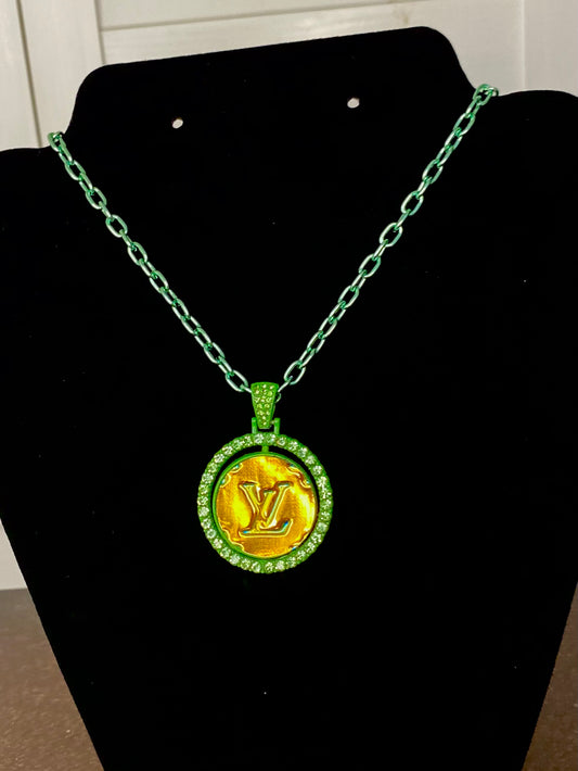 Green & Gold Handmade Designer Upcycled Reversible Pendant Necklace