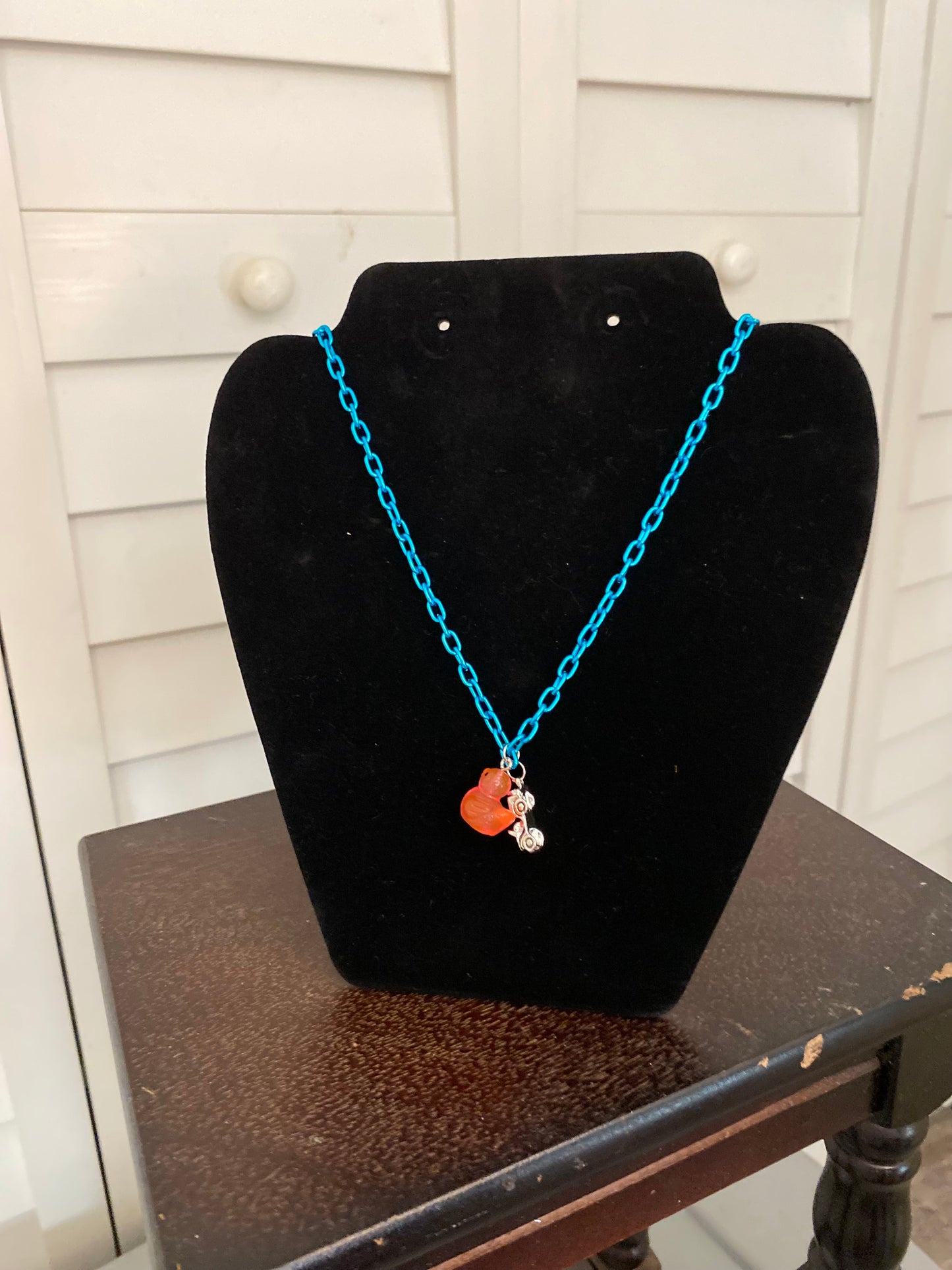 Blue & Red Handmade Duck Charm Upcycled Necklace