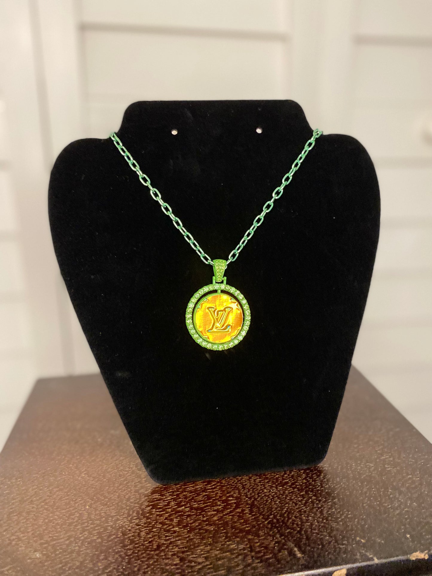 Green & Gold Handmade Designer Upcycled Reversible Pendant Necklace
