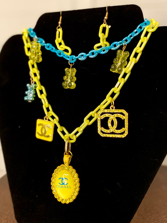 Yellow & Blue Homemade Designer Upcycled Bear Necklace